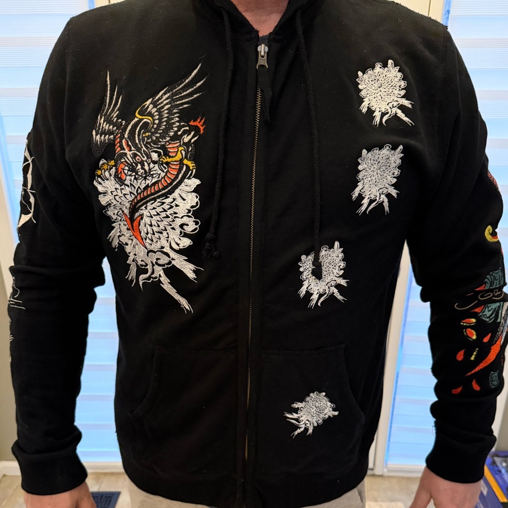 Ed Hardy Embroidered Full Zip Sweatshirt - XL